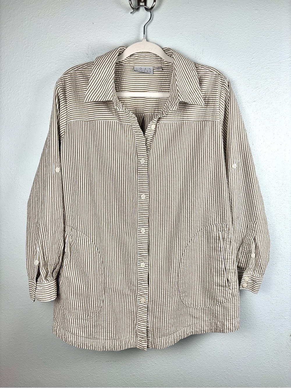 Joan Rivers 100% Cotton Tan/White Striped Button Up Seersucker Shirt, Size 1X
